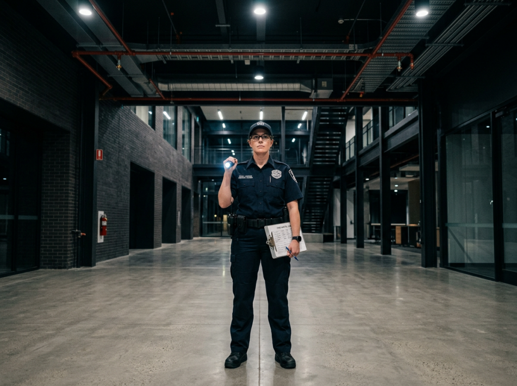 uniformed professional fire watch security guard standing at attention